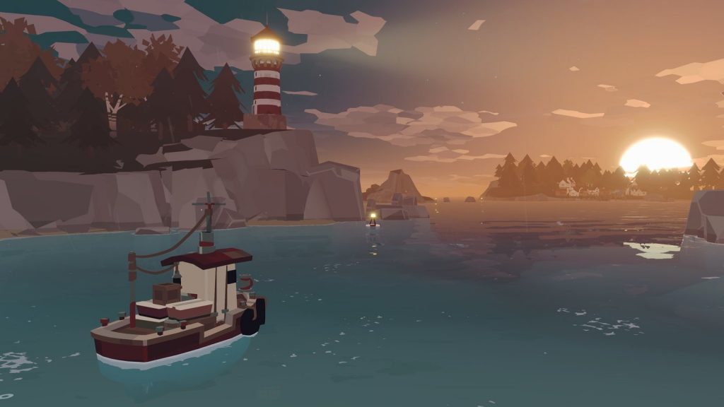 Screenshot from Dredge showing a small fishing boat on foggy water