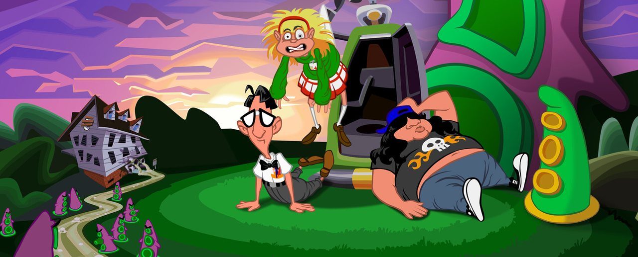 Cartoon key art for Day of the Tentacle Remastered with Bernard, Hoagie, Laverne and Purple Tentacle
