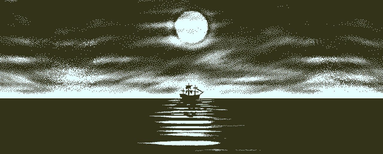 Monochrome key art for Return of the Obra Dinn showing the ghost ship at sea
