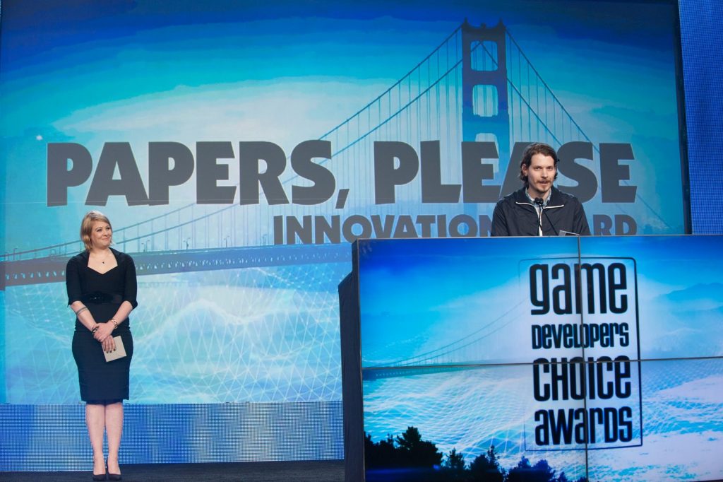 Game developer Lucas Pope accepting an award at the 2014 Independent Games Festival