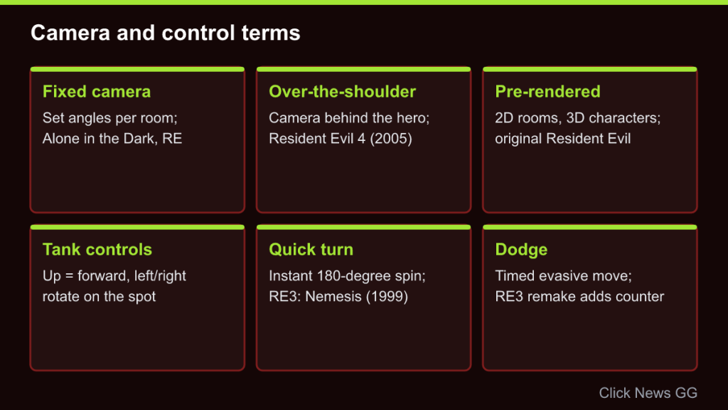 Six cards explaining fixed camera, over-the-shoulder, pre-rendered backgrounds, tank controls, quick turn and dodge