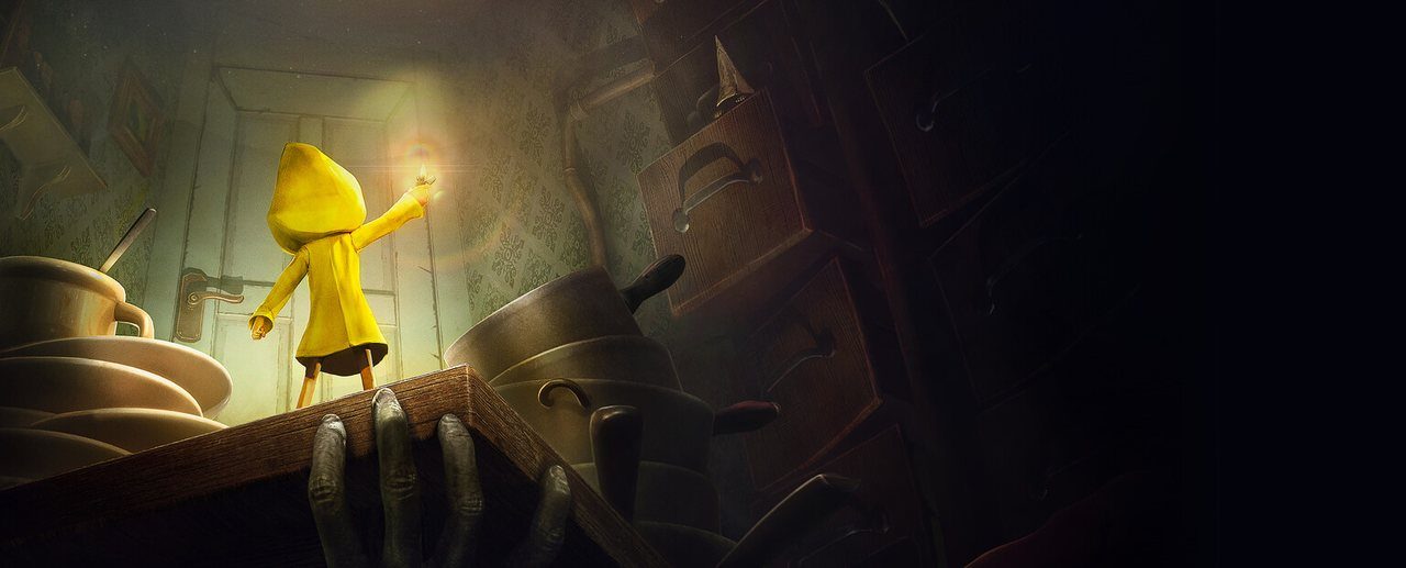 Key art for Little Nightmares showing Six in her yellow raincoat in a dark, oversized world