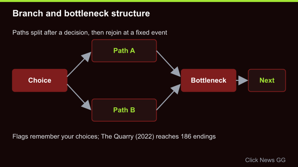 Flow diagram of a branch-and-bottleneck story: a choice splits into two paths that rejoin at a fixed event