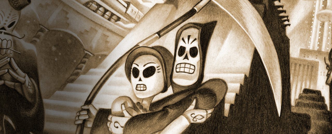 Key art for Grim Fandango Remastered featuring skeletal travel agent Manny Calavera