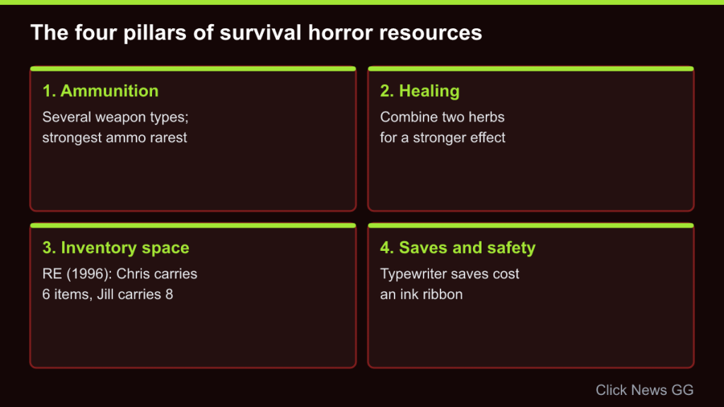 Four cards for ammunition, healing, inventory space and saves, with examples from the original Resident Evil