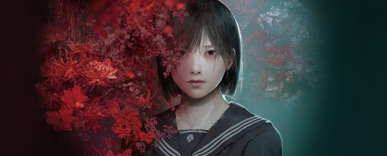Key art for Silent Hill f showing a schoolgirl among red spider lilies in 1960s rural Japan