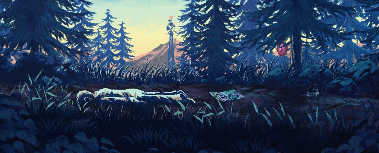 Pixel-art key art for Thimbleweed Park, Ron Gilbert's 2017 point-and-click adventure