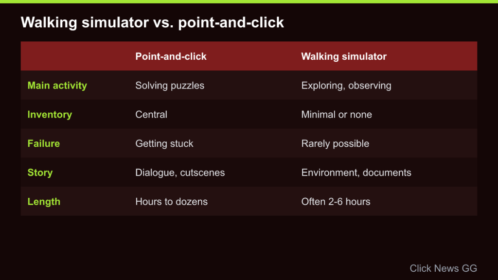 Comparison table of point-and-click adventures and walking simulators by activity, inventory, failure, story and length