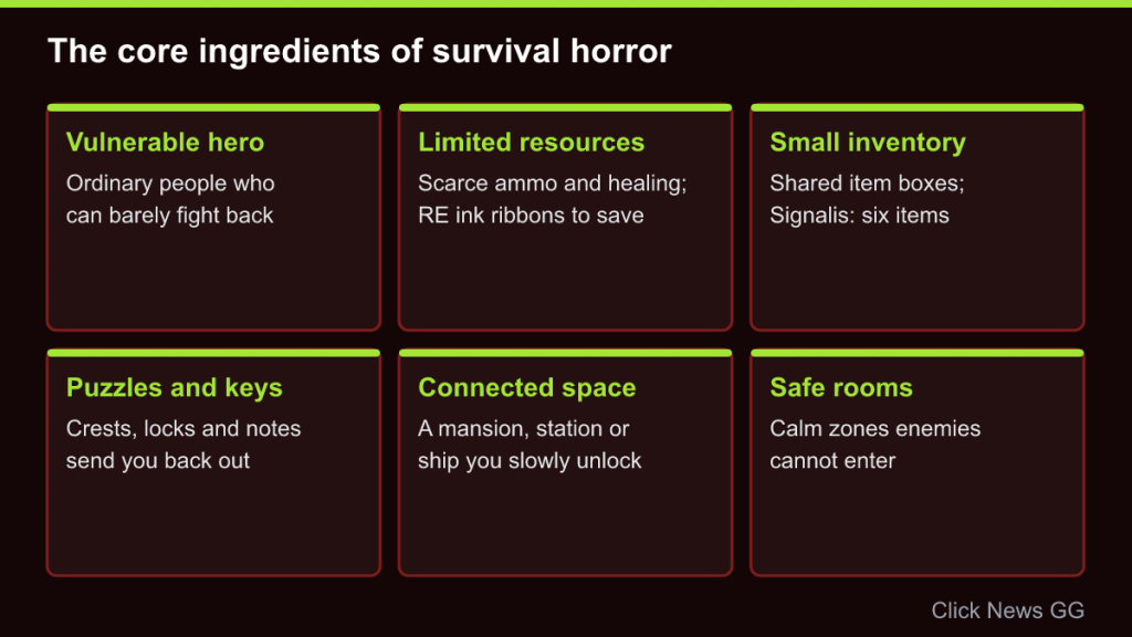 Six cards on survival horror ingredients, from a vulnerable hero and scarce resources to safe rooms